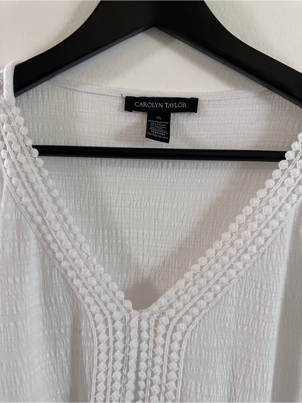 Carolyn Taylor White V-Neck Crochet-Trim Top